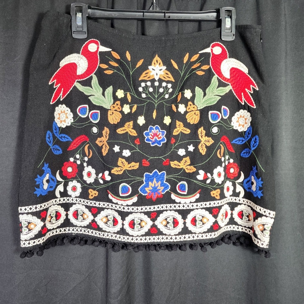 Umgee Womens Black‎ Embroidered Bird Floral Boho Mini Skirt Pom Pom Trim Size L